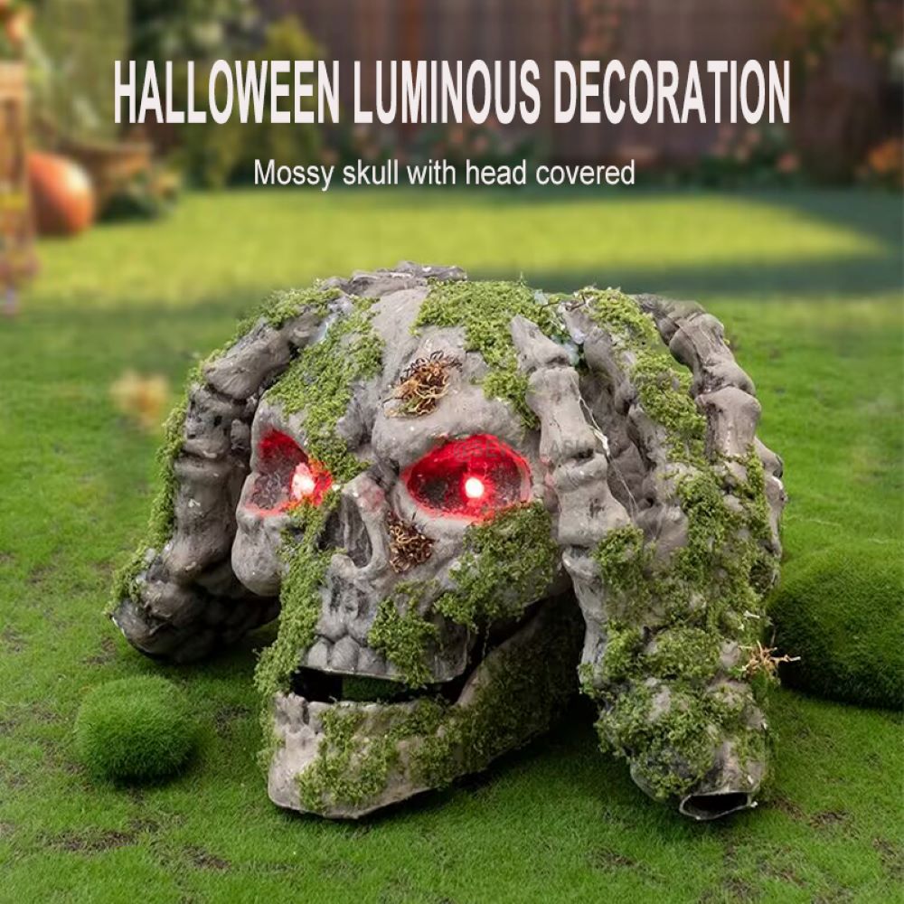 Halloween Moss-covered Skull with Head in Hand