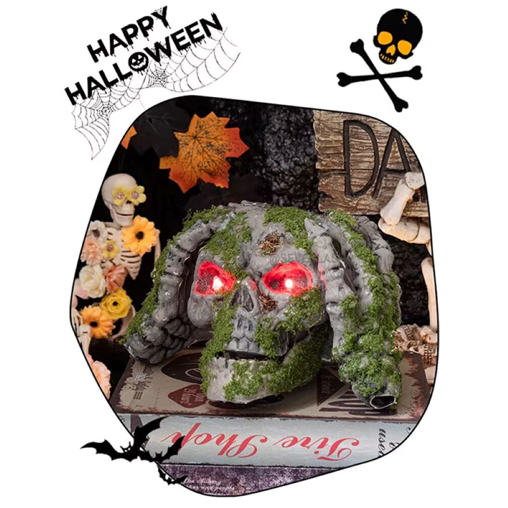 Halloween Moss-covered Skull with Head in Hand