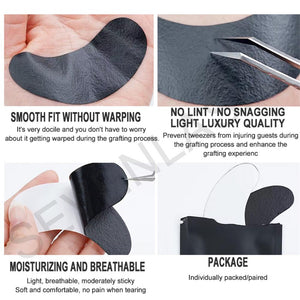 Black under-eye pad applied under client eye during professional eyelash extension service