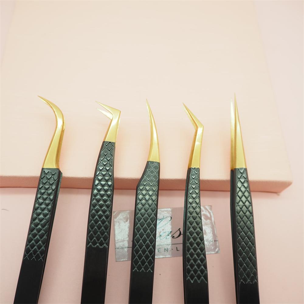 5 Sets Black Gold Tweezer For Lash Extension