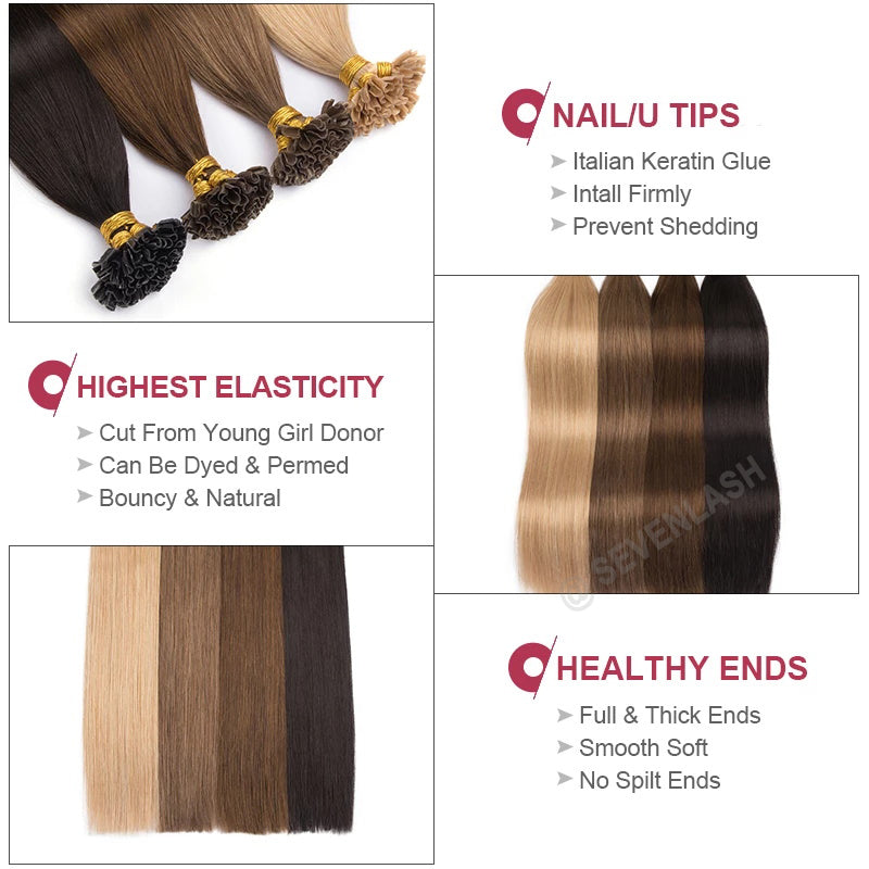 Machine Made U-Tip Hair Extension Keratin Capsules Straight Human Fusion Hair 12"-26" 50 Strands