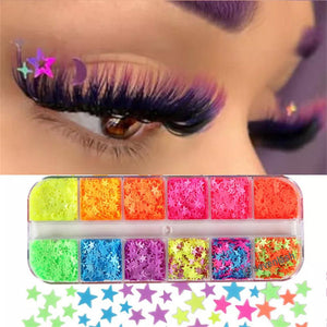 Compact holiday gift box of fluorescent nail and eyelash glitter flakes