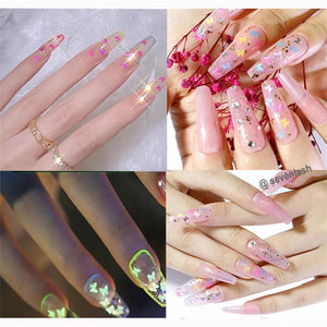 Fluorescent nail glitter glowing under UV black light during manicure