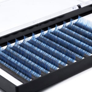 D curl blue ombré lash extensions on strip, salon application-ready