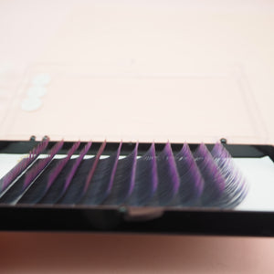 Purple ombré lash extensions fan formation demo, ideal for Russian volume