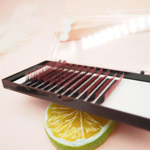 Technician creating fans with colorful ombré lashes for volume set