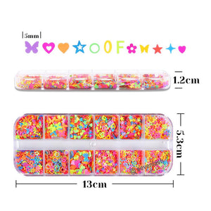 Top view of 12-compartment fluorescent glitter box showing stars, hearts, butterflies and alphabet flakes